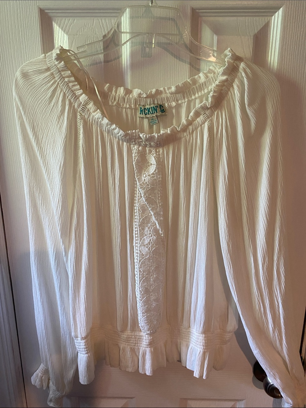 Cream Crinkle Peasant Blouse with Lace Trim